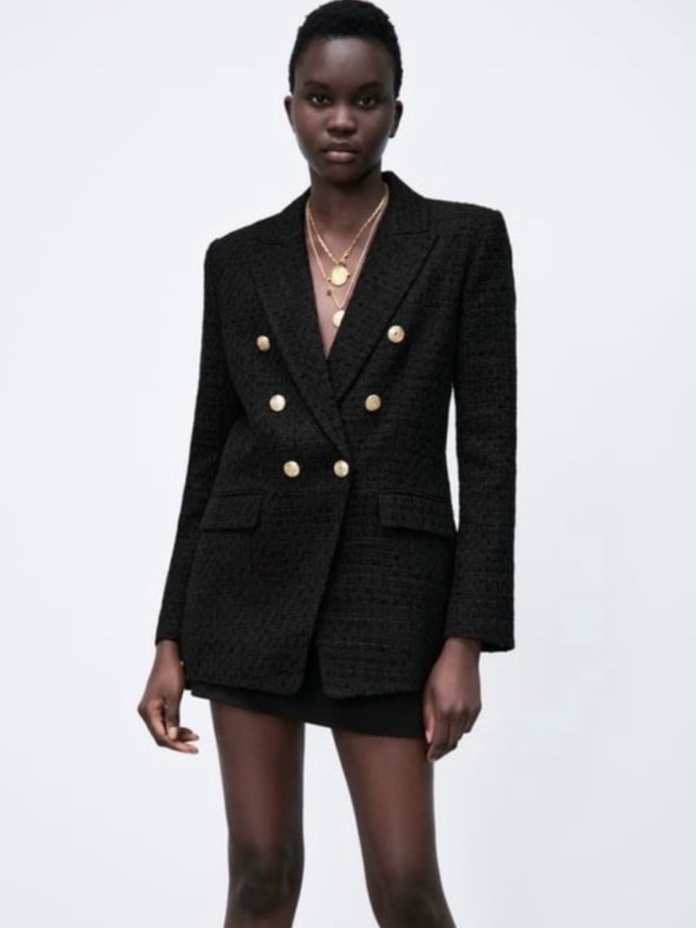 Zara Double Breasted Black Textured Blazer Jacket
